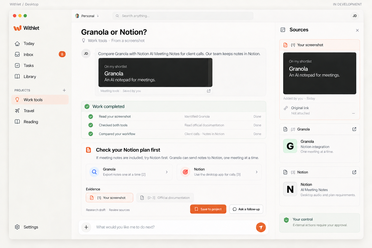 Withlet desktop interface in development, showing a Granola and Notion comparison, research steps and official sources.