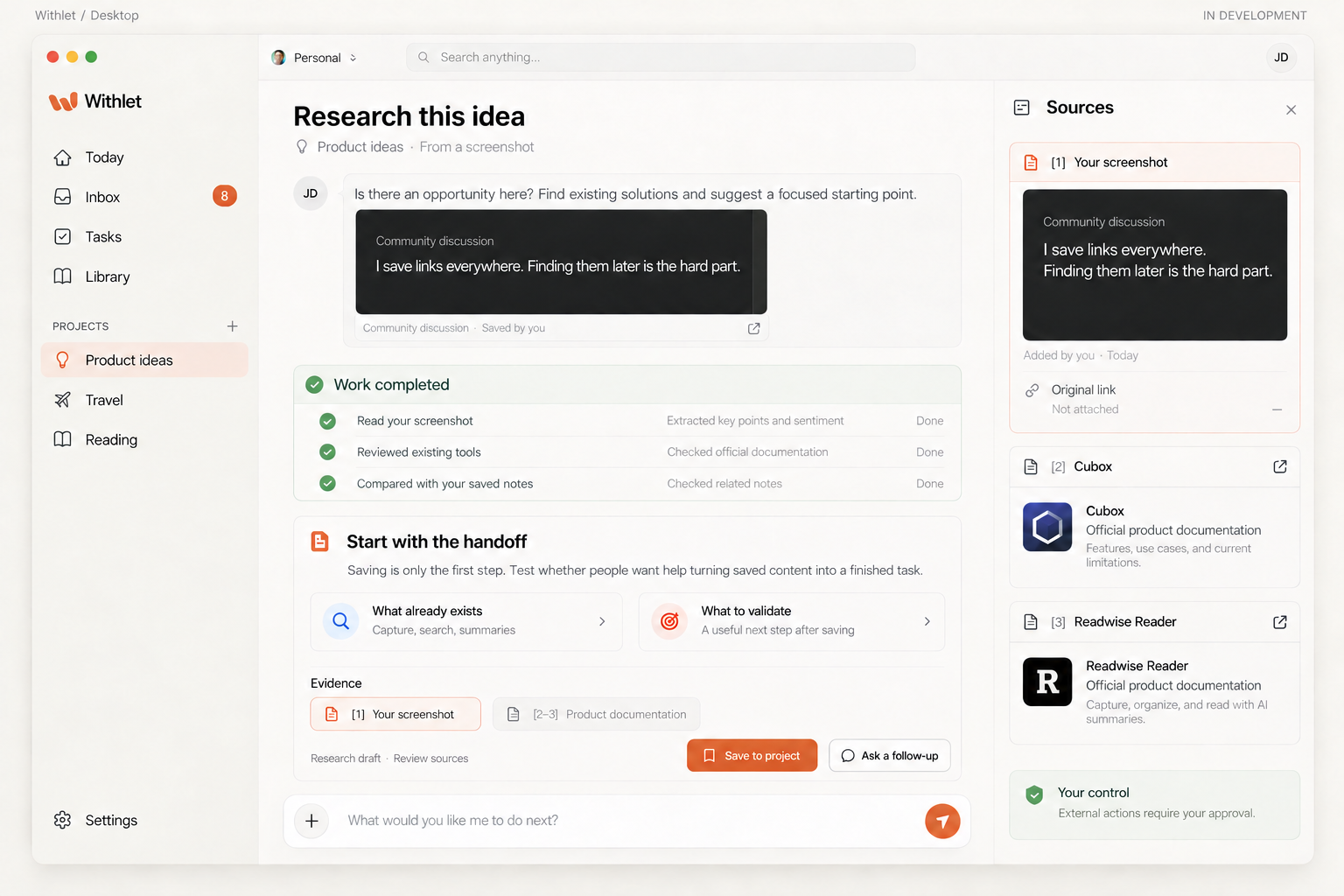 Withlet for desktop, in development: tasks, research results and original sources.