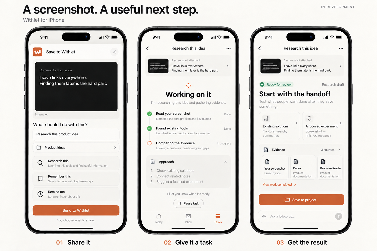 Withlet for iPhone, in development: screenshot sharing, research progress and a result with sources.